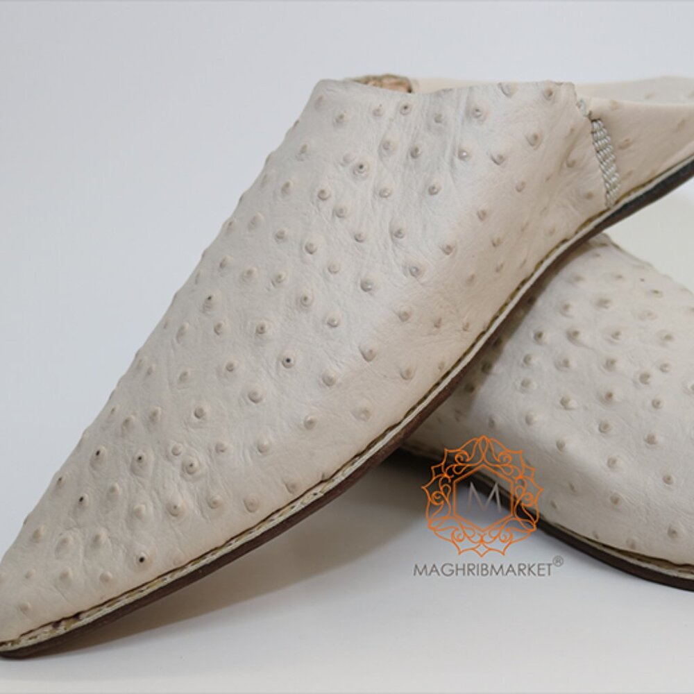 Moroccan Style Babouches Cream Ostrich Leather Slippers Women's